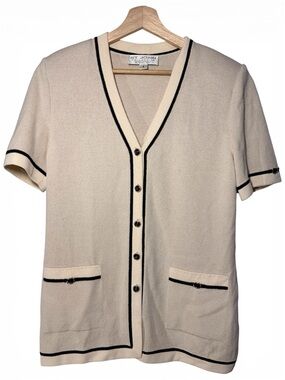 St. John Cream Short-Sleeve Button Front Cardigan with Black Trim size 8